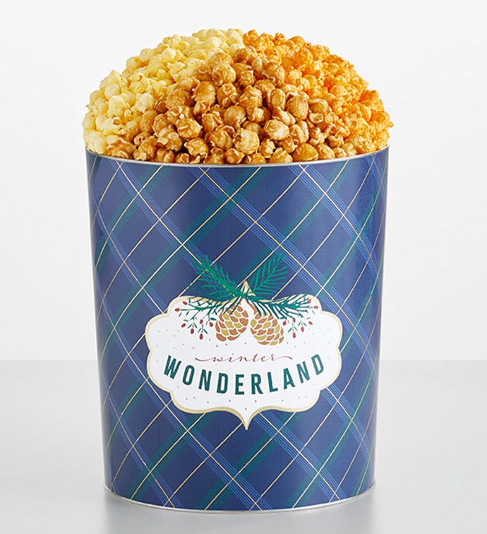 Winter Wonderland Blue Plaid  3 1/2 Gallon 3 Flavor Popcorn Tin