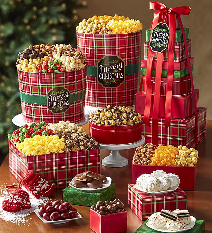 Merry Christmas Plaid 8 Tier Tower & Popcorn Tins