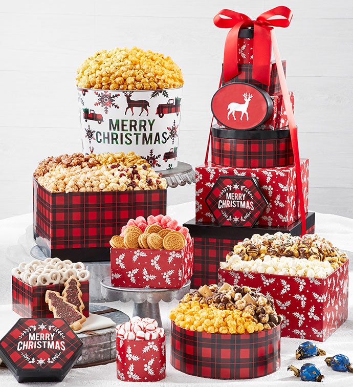 Very Merry Plaid 8 Tier Gift Tower with 2 Gallon Popcorn Tin