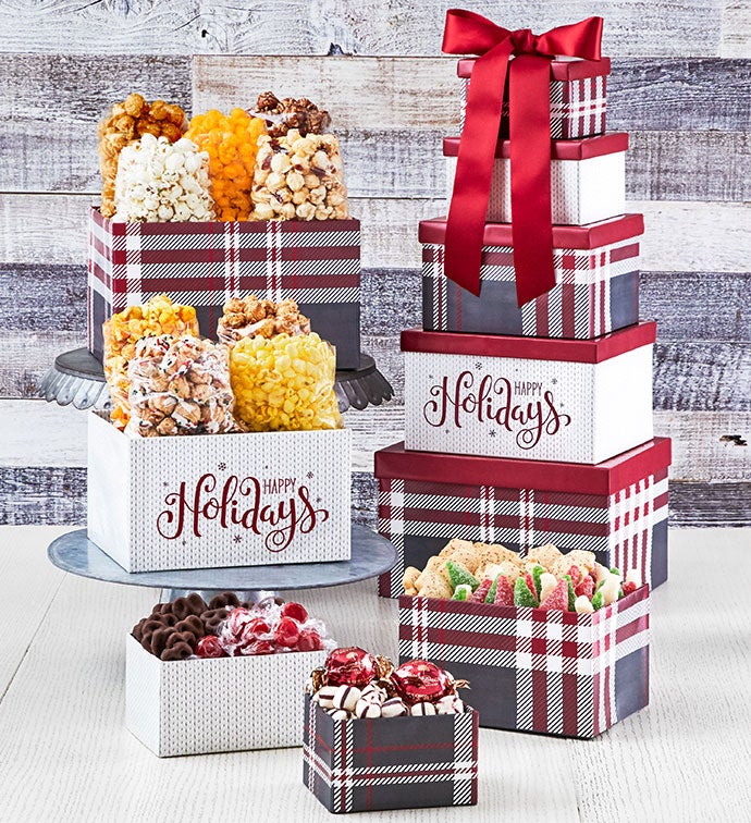 Cozy Plaid Happy Holidays 5 Box Gift Tower