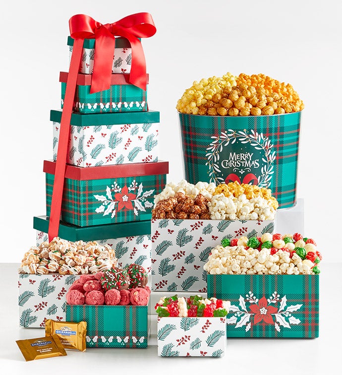 Cozy Christmas 5 Box Gift Tower & 2 Gallon Popcorn Tin 3 Flavor