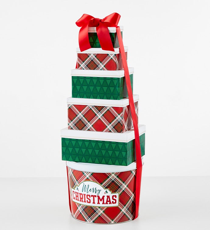 Merry Christmas 5 Box Gift Tower and 2 Gallon Popcorn Tin 3 Flavor