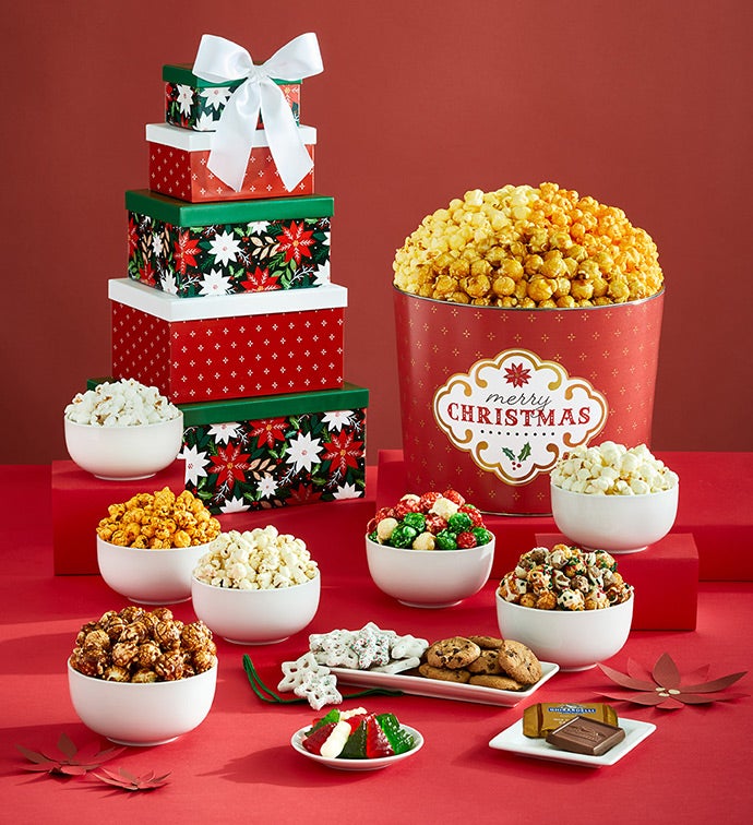 Merry Christmas 5 Box Gift Tower and 2 Gallon Popcorn Tin 3 Flavor