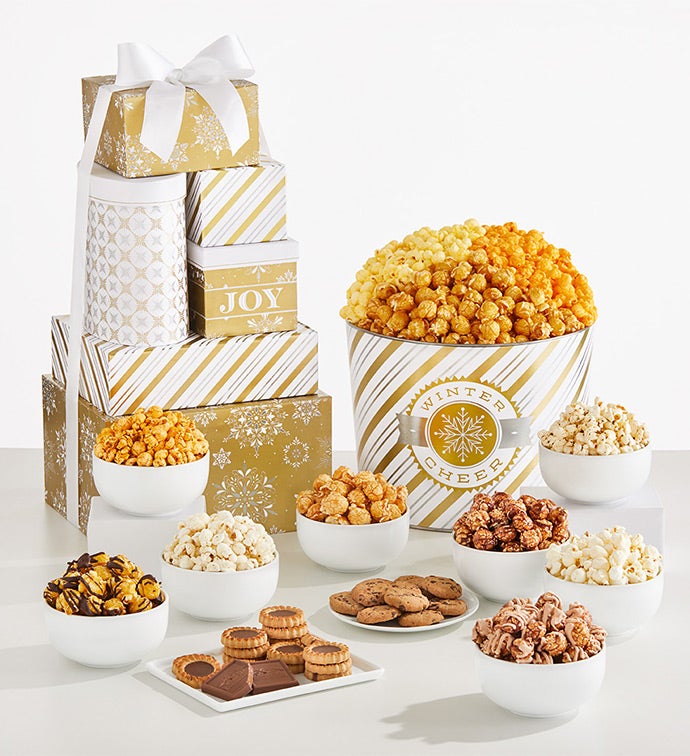 Golden Snowflakes 6 Box Gift Tower and 2 Gallon Popcorn Tin 3 Flavor